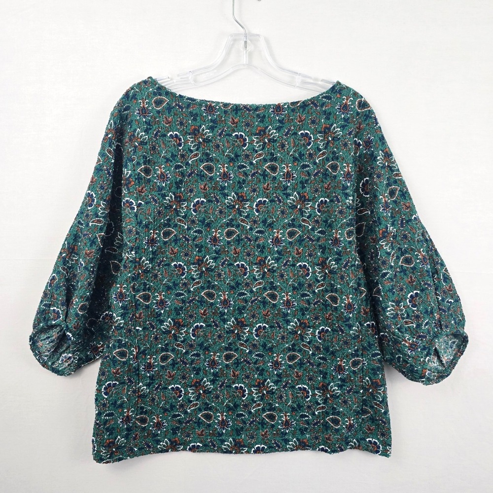 Loft 3/4 Puff Sleeve Floral Print Boat Neck Green Multicolor Women Top L